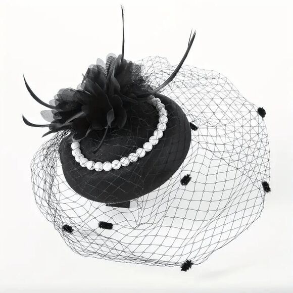 🖤 Pinup Accessory 1950s Retro Vintage Fascinator Black Pillbox Pearl Veil Hat - Picture 1 of 9
